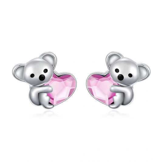 925 Sterling Silver Koala Bear Cute Animal Hypoallergenic Heart Crystal Earrings Jewellery LadyShow.Store
