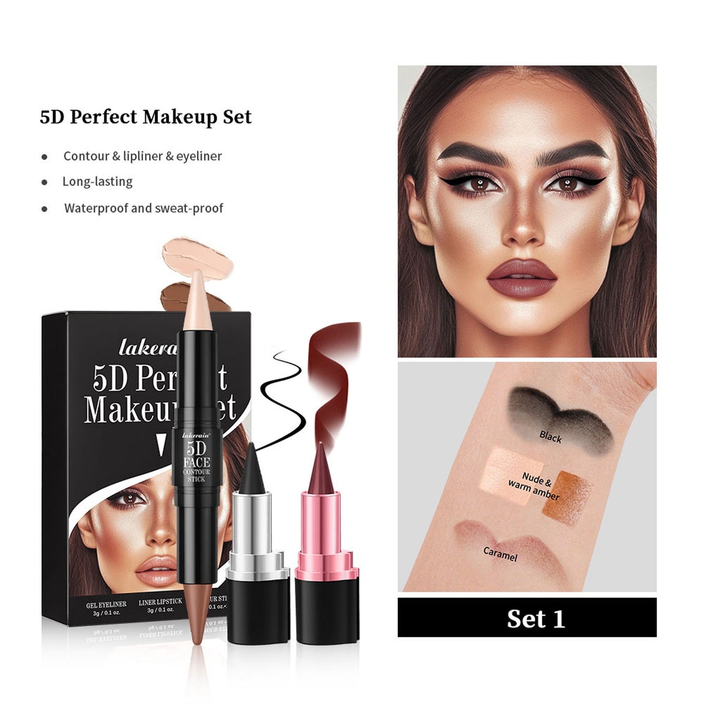 3 PCs Lipstick Lip Liner Eyeliner Highlight Contour Stick Suit 5D Face Makeup Set Suit LadyShow.Store