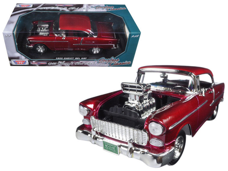 1955 Chevrolet Bel Air Burgundy With Blower Timeless Classics 1/18 Diecast Model Car  by Motormax Motormax