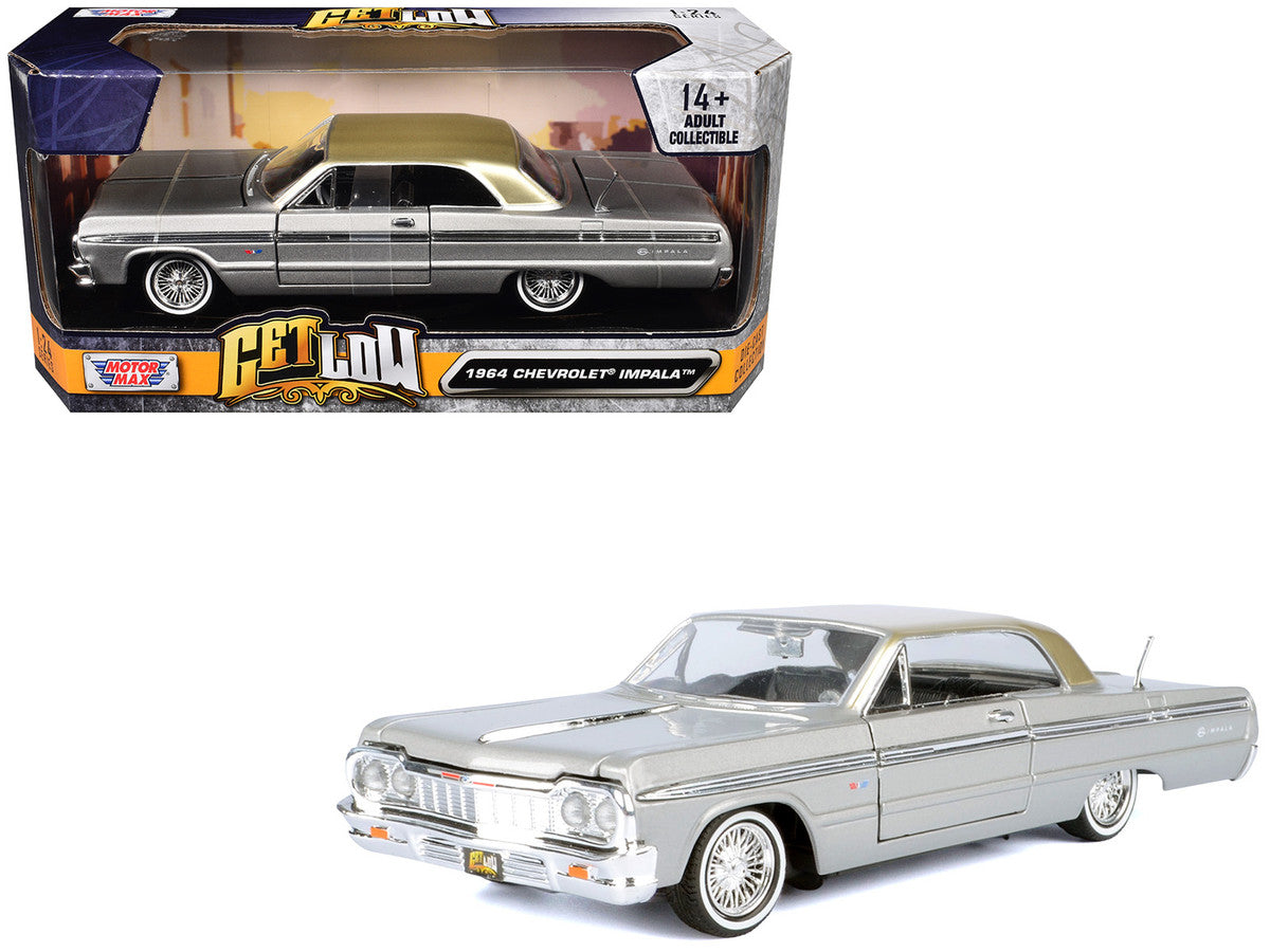 1964 Chevrolet Impala Lowrider Hard Top Silver Metallic with Gold Metallic Top "Get Low" Series 1/24 Diecast Model Car by Motormax Motormax