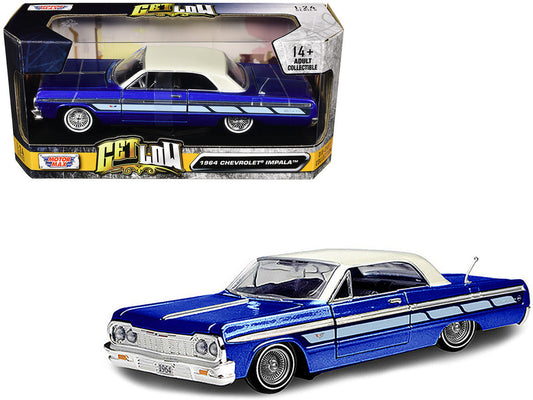 1964 Chevrolet Impala Lowrider Hard Top Candy Blue Metallic with Cream Top "Get Low" Series 1/24 Diecast Model Car by Motormax Motormax