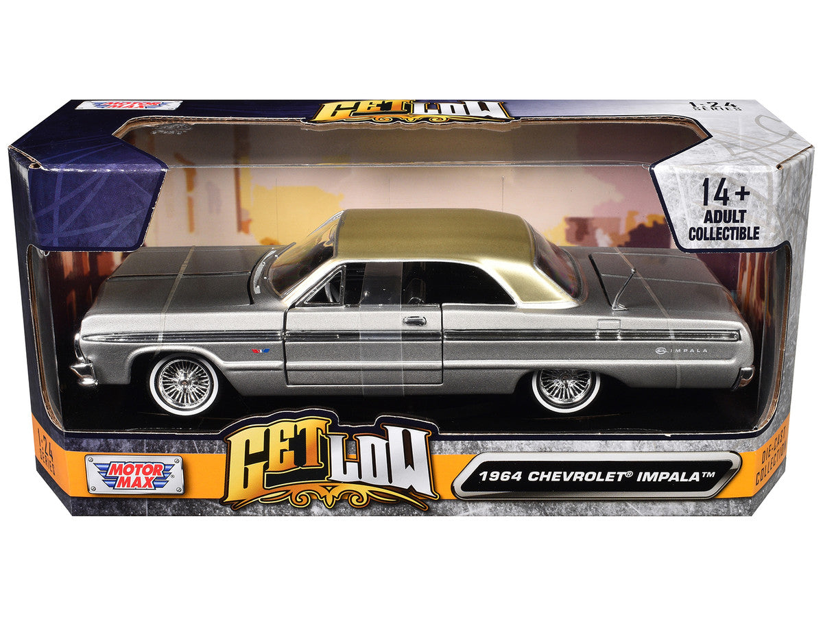 1964 Chevrolet Impala Lowrider Hard Top Silver Metallic with Gold Metallic Top "Get Low" Series 1/24 Diecast Model Car by Motormax Motormax