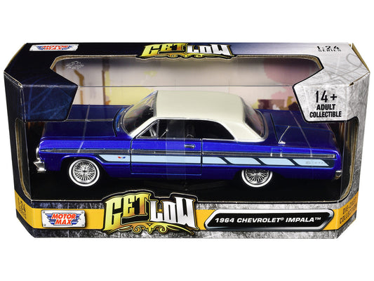 1964 Chevrolet Impala Lowrider Hard Top Candy Blue Metallic with Cream Top "Get Low" Series 1/24 Diecast Model Car by Motormax Motormax