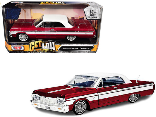1964 Chevrolet Impala Lowrider Hard Top Candy Red Metallic with White Top "Get Low" Series 1/24 Diecast Model Car by Motormax Motormax