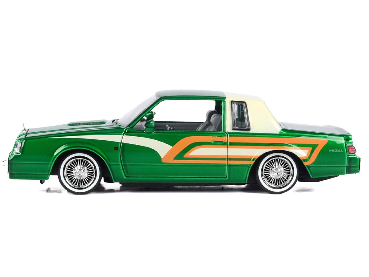 1987 Buick Regal 3.8 SFI Turbo Green Metallic and Cream with Graphics "Get Low" Series 1/24 Diecast Model Car by Motormax Motormax