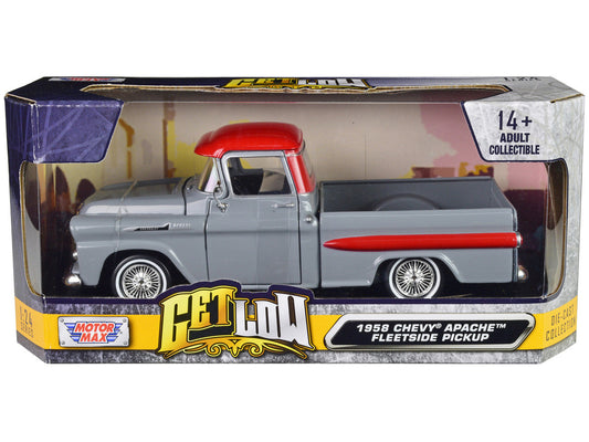 1958 Chevrolet Apache Fleetside Pickup Truck Lowrider Gray with Red Top "Get Low" Series 1/24 Diecast Model Car by Motormax Motormax