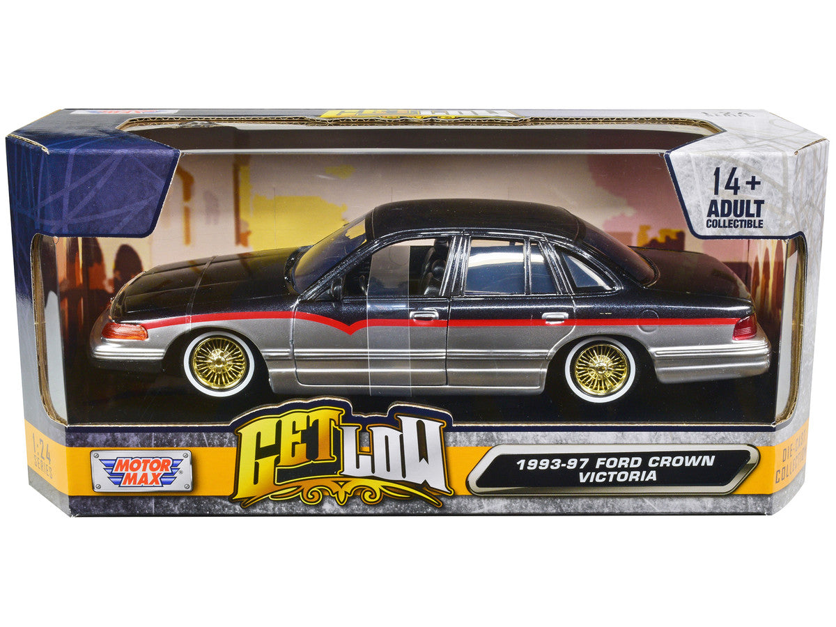 1993-1997 Ford Crown Victoria Lowrider Black Metallic and Silver with Red Stripes "Get Low" Series 1/24 Diecast Model Car by Motormax Motormax