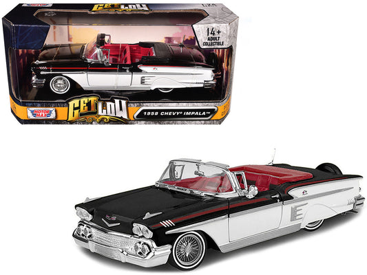 1958 Chevrolet Impala Convertible Lowrider Black and White with Red Interior "Get Low" Series 1/24 Diecast Model Car by Motormax Motormax