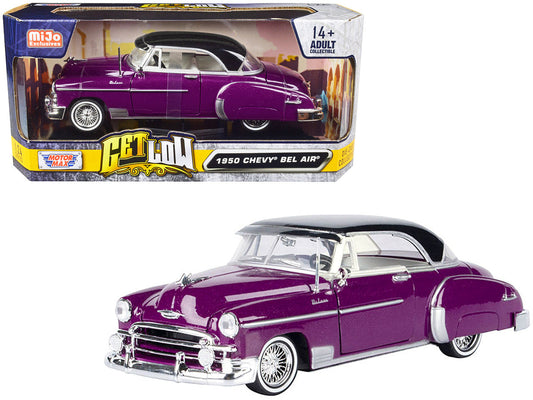 1950 Chevrolet Bel Air Lowrider Purple Metallic with Black Top and White Interior "Get Low" Series 1/24 Diecast Model Car by Motormax Motormax
