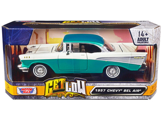 1957 Chevrolet Bel Air Lowrider Turquoise Metallic and White "Get Low" Series 1/24 Diecast Model Car by Motormax Motormax