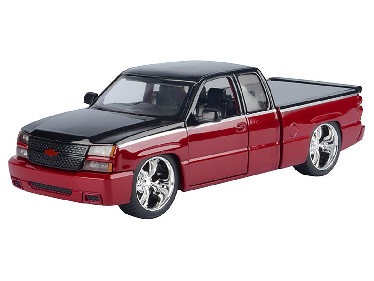 2006 Chevrolet Silverado Custom Pickup Truck Red Metallic and Black with Silver Stripes "Die-Cast Collection" Series 1/25 Diecast Model Car by Motormax Motormax