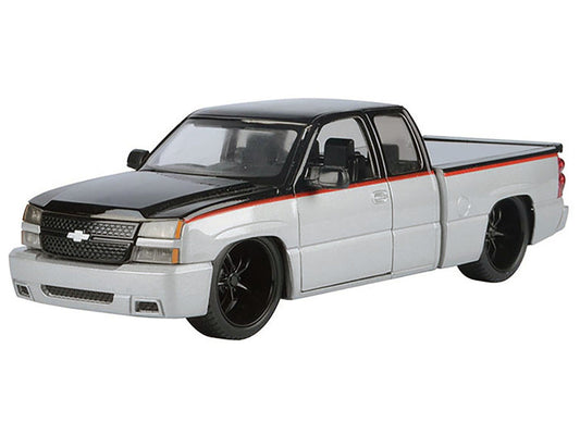 2006 Chevrolet Silverado Custom Pickup Truck Silver Metallic and Black with Red Stripes "Die-Cast Collection" Series 1/25 Diecast Model Car by Motormax Motormax