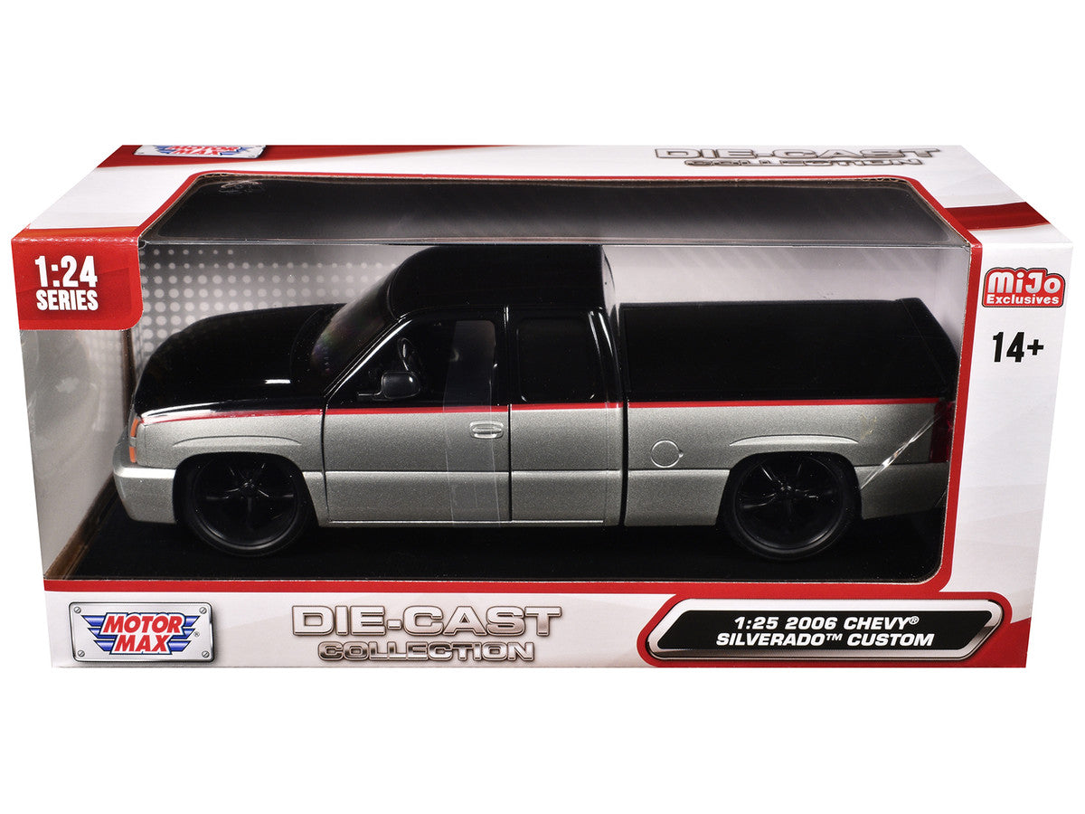 2006 Chevrolet Silverado Custom Pickup Truck Silver Metallic and Black with Red Stripes "Die-Cast Collection" Series 1/25 Diecast Model Car by Motormax Motormax