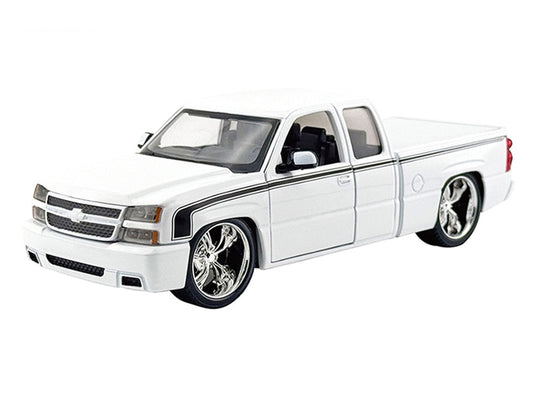 2006 Chevrolet Silverado Custom Pickup Truck White with Black Stripes "Die-Cast Collection" Series 1/25 Diecast Model Car by Motormax Motormax