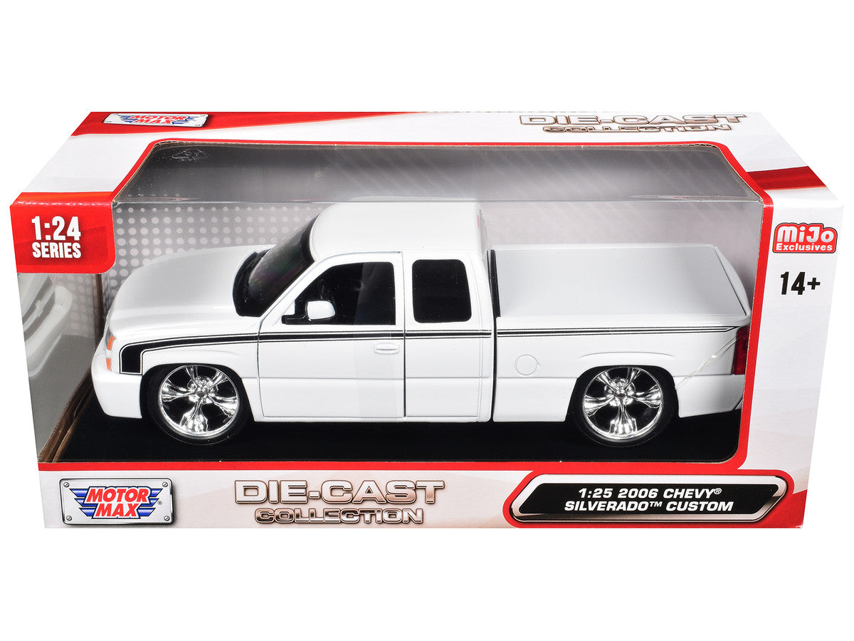 2006 Chevrolet Silverado Custom Pickup Truck White with Black Stripes "Die-Cast Collection" Series 1/25 Diecast Model Car by Motormax Motormax