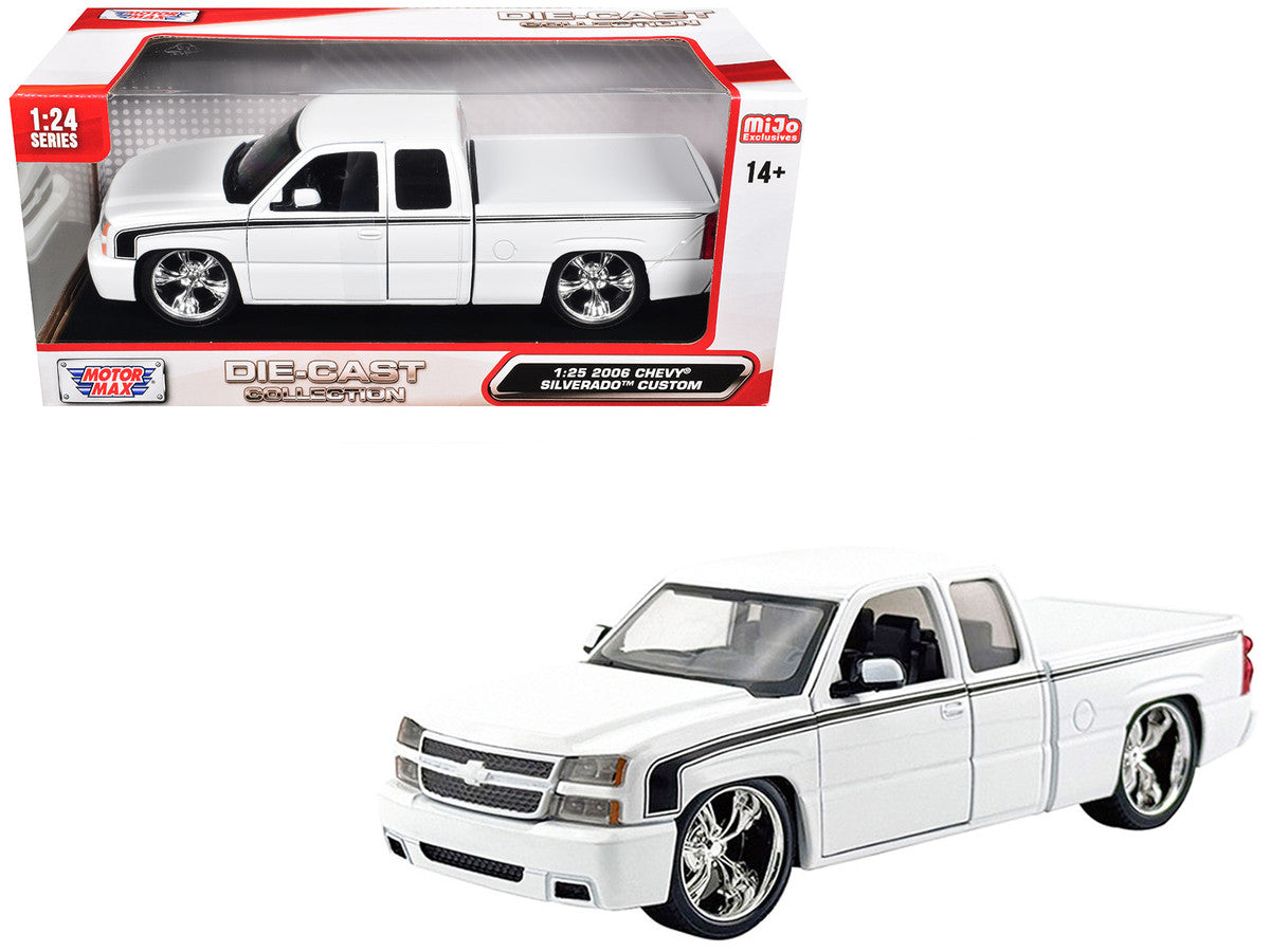 2006 Chevrolet Silverado Custom Pickup Truck White with Black Stripes "Die-Cast Collection" Series 1/25 Diecast Model Car by Motormax Motormax