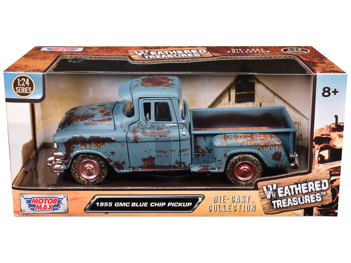 1955 GMC Blue Chip Pickup Truck Matt Blue (Rusted) "Weathered Treasures" Series 1/24 Diecast Model Car by Motormax Motormax