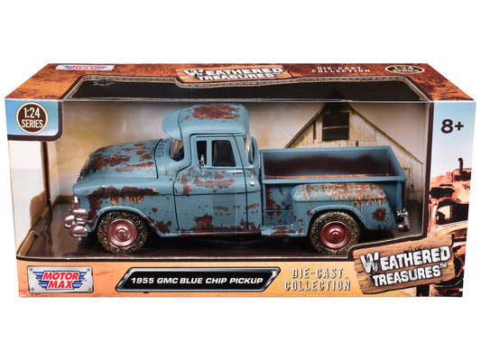 1955 GMC Blue Chip Pickup Truck Matt Blue (Rusted) "Weathered Treasures" Series 1/24 Diecast Model Car by Motormax Motormax