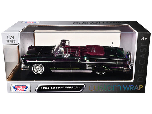 1958 Chevrolet Impala Green and Purple Chrome "Custom Wrap" Series 1/24 Diecast Model Car by Motormax Motormax