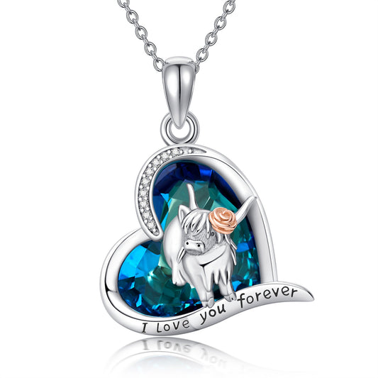 925 Sterling Silver Highland Cow Blue Crystal Heart Cow Pendant Necklace LadyShow.Store