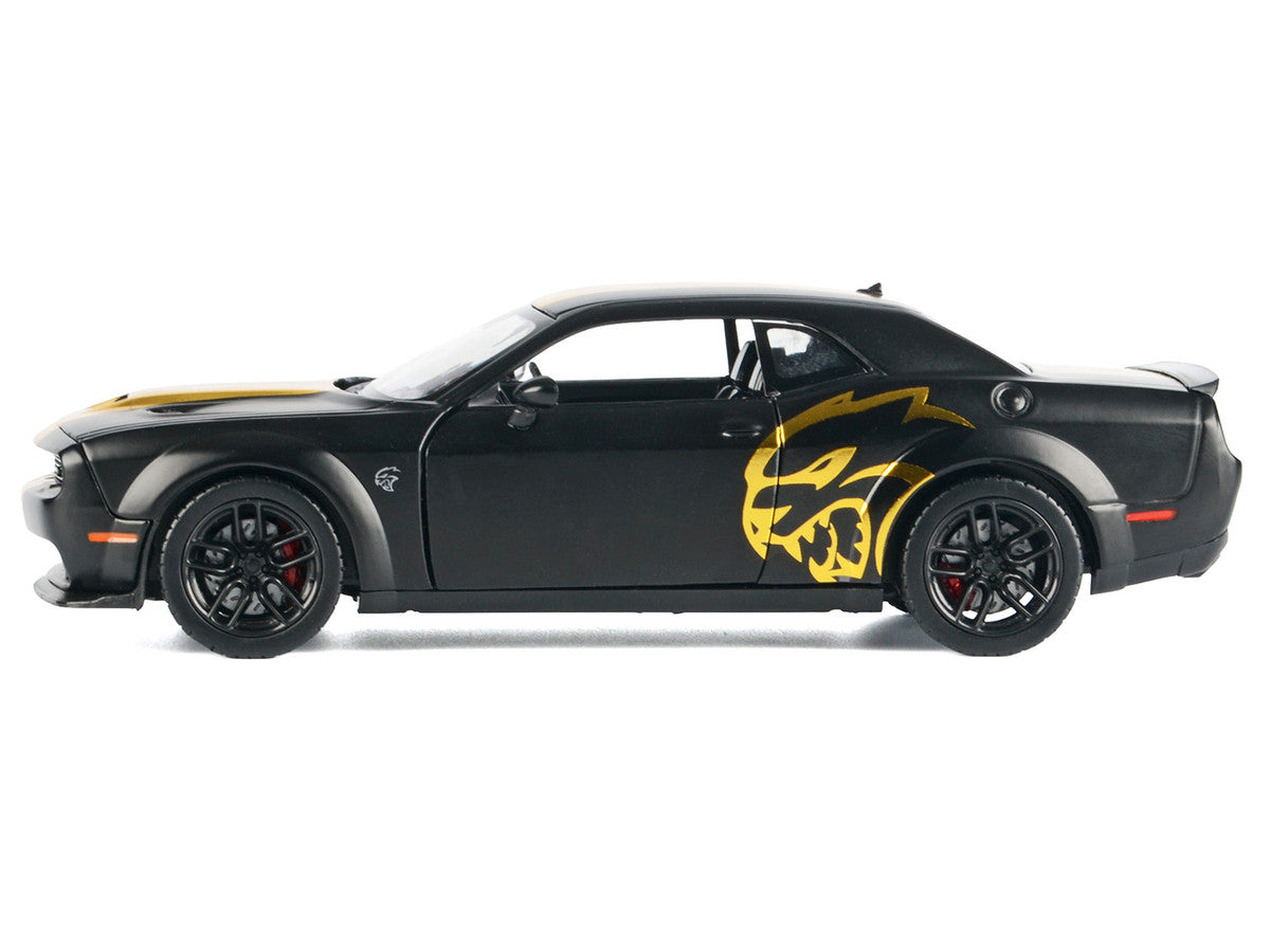 2018 Dodge Challenger SRT Hellcat Widebody Matt Black with Gold Stripes and Graphics "Midnight Eclipse" Series 1/24 Diecast Model Car by Motormax Motormax