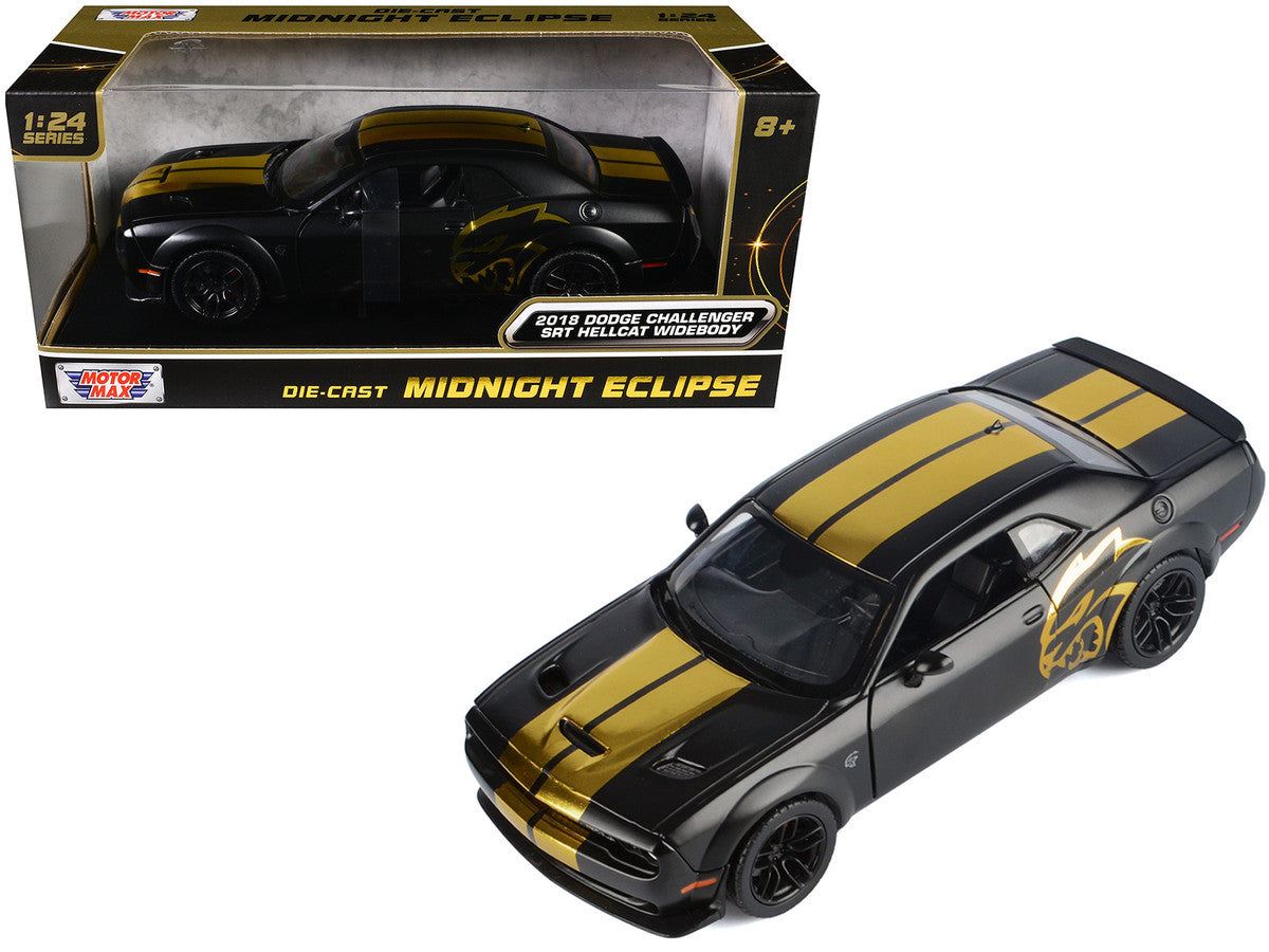 2018 Dodge Challenger SRT Hellcat Widebody Matt Black with Gold Stripes and Graphics "Midnight Eclipse" Series 1/24 Diecast Model Car by Motormax Motormax