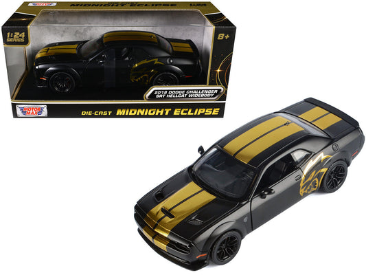 2018 Dodge Challenger SRT Hellcat Widebody Matt Black with Gold Stripes and Graphics "Midnight Eclipse" Series 1/24 Diecast Model Car by Motormax Motormax