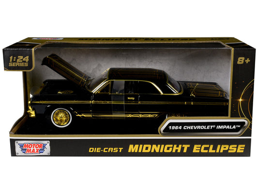 1964 Chevrolet Impala Lowrider Black with Gold Graphics and Wheels "Midnight Eclipse" Series 1/24 Diecast Model Car by Motormax-1
