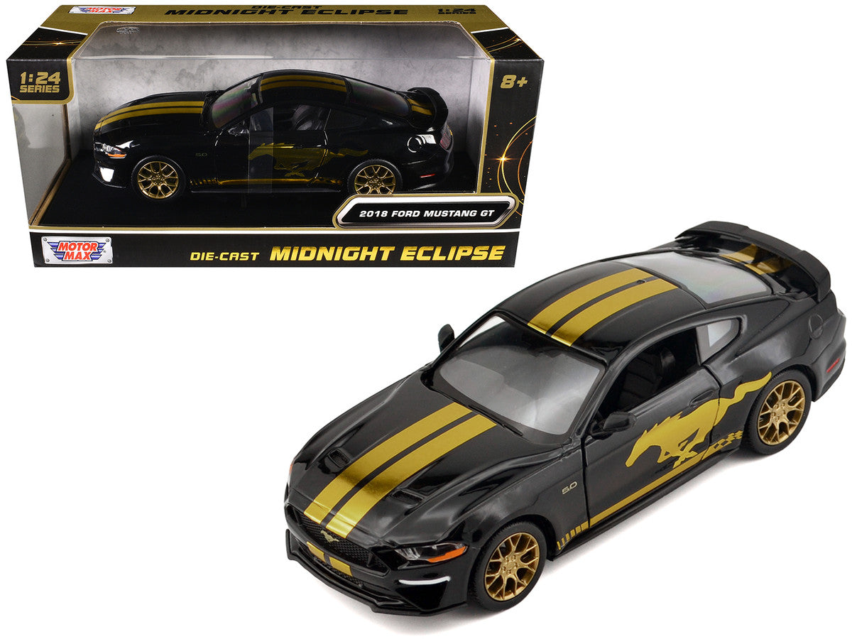 2018 Ford Mustang GT 5.0 Black with Gold Stripes and Graphics "Midnight Eclipse" Series 1/24 Diecast Model Car by Motormax Motormax