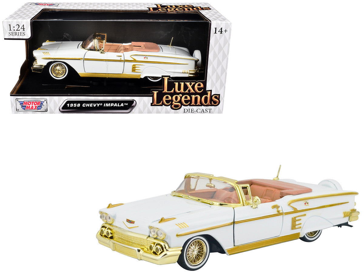 1958 Chevrolet Impala White Metallic with Gold Accents "Luxe Legends" Series 1/24 Diecast Model Car by Motormax Motormax