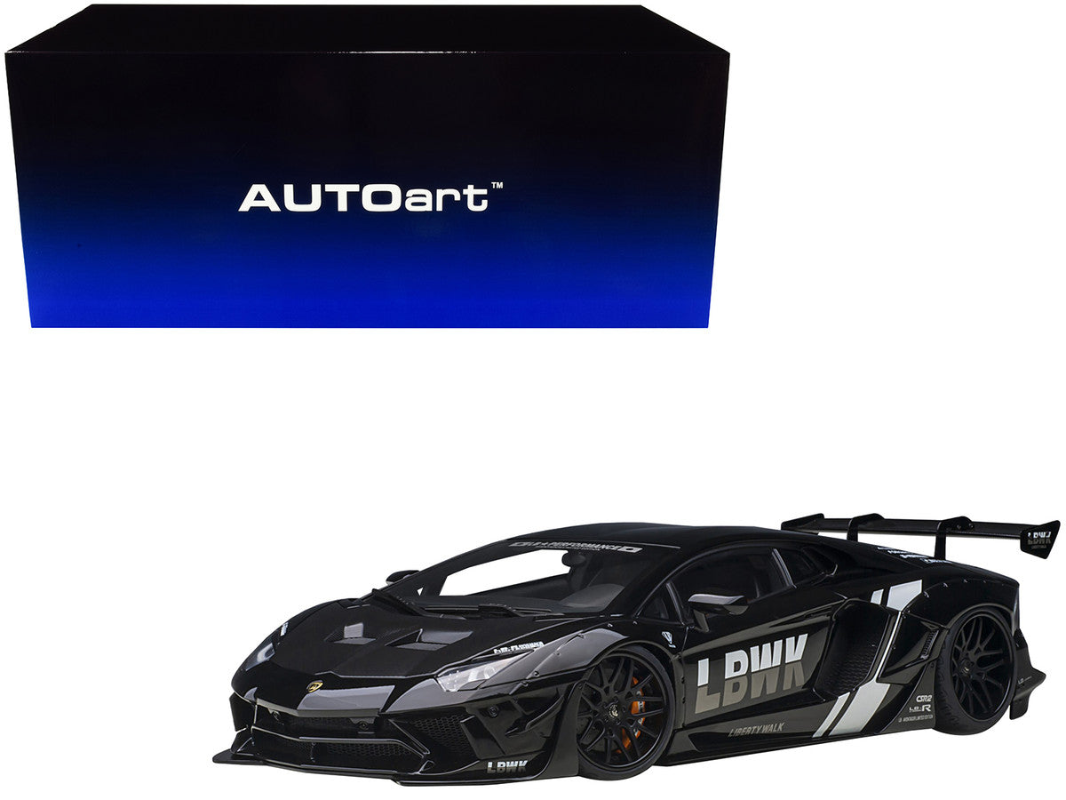 Lamborghini Aventador Liberty Walk LB-Works Livery Black with Carbon Hood Limited Edition 1/18 Model Car by Autoart-0