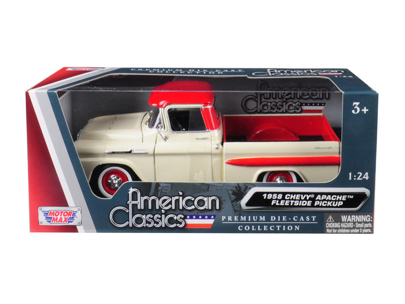 1958 Chevrolet Apache Fleetside Pickup Truck Cream with Red Top 1/24 Diecast Model Car by Motormax-2