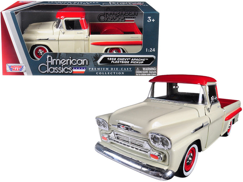 1958 Chevrolet Apache Fleetside Pickup Truck Cream with Red Top 1/24 Diecast Model Car by Motormax-0