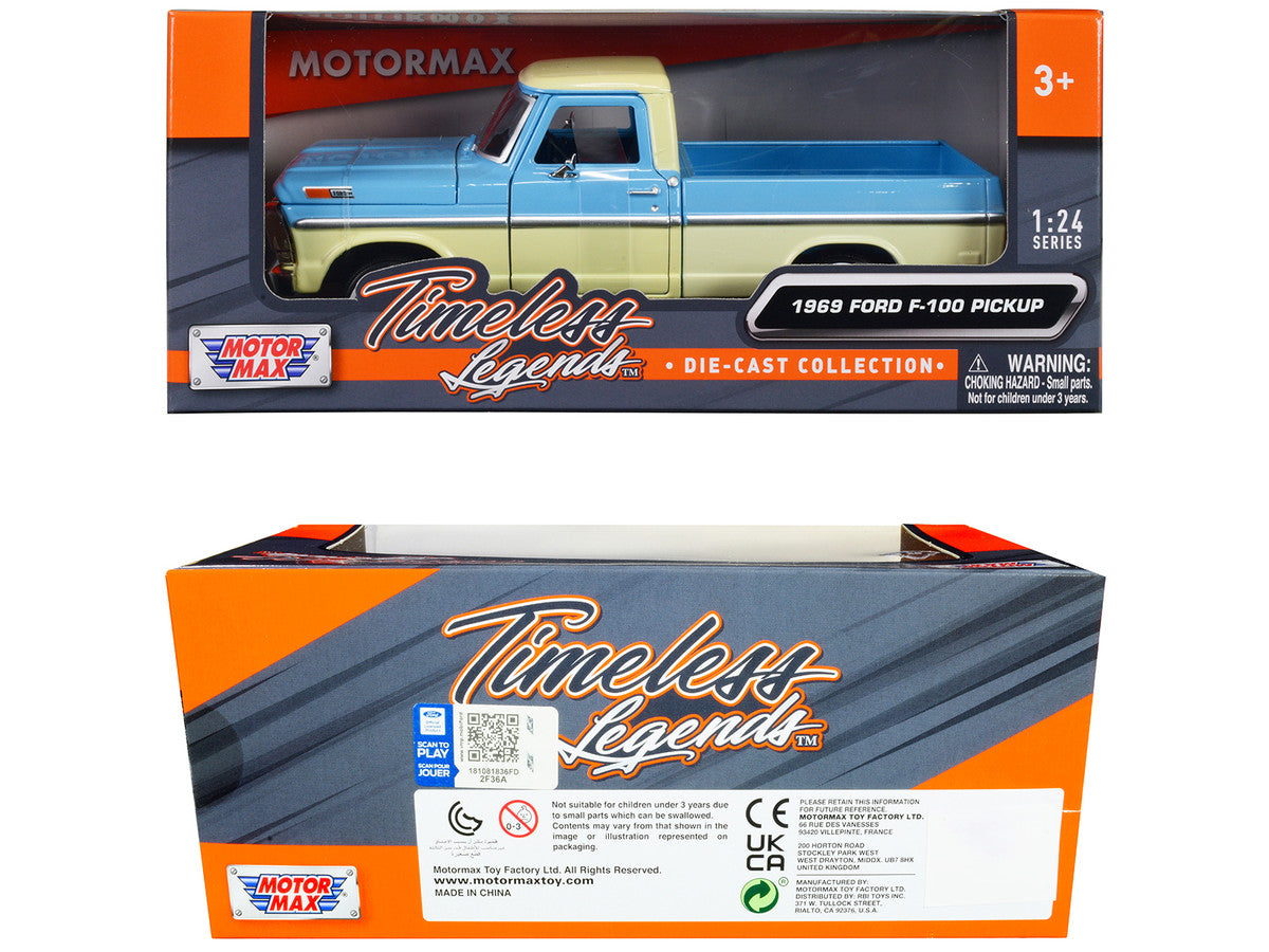 1969 Ford F-100 Pickup Truck Light Blue and Cream "Timeless Legends" Series 1/24 Diecast Model Car by Motormax Motormax