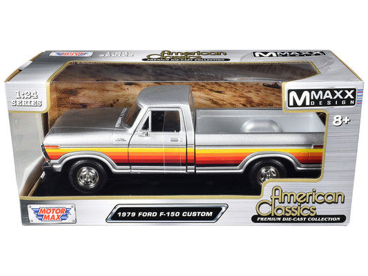 1979 Ford F-150 Custom Pickup Truck Silver Metallic with Side Stripes "American Classics" Series 1/24 Diecast Model Car by Motormax Motormax