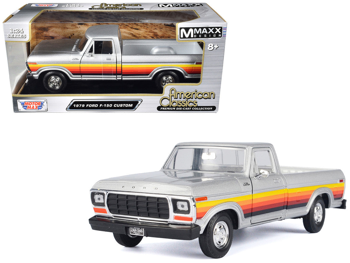 1979 Ford F-150 Custom Pickup Truck Silver Metallic with Side Stripes "American Classics" Series 1/24 Diecast Model Car by Motormax Motormax