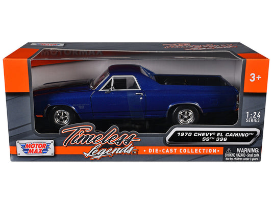 1970 Chevrolet El Camino SS 396 Dark Blue Metallic with Black Stripes 1/24 Diecast Model Car by Motormax Motormax