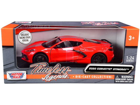 2020 Chevrolet Corvette C8 Stingray Red with Silver Racing Stripes "Timeless Legends" 1/24 Diecast Model Car by Motormax Motormax