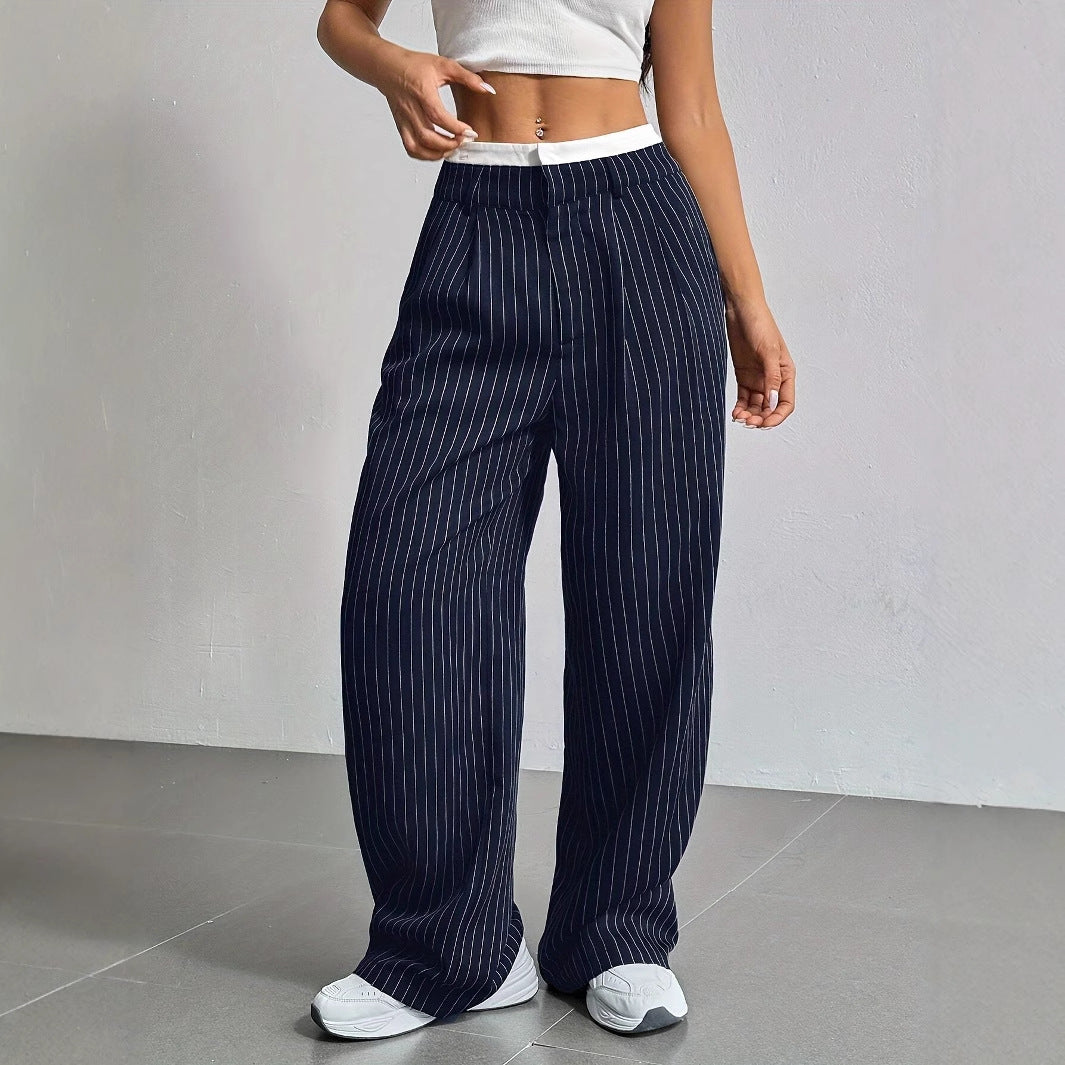 Stripe Printed Trousers Fashion High Waist Straight Leg Pants With Pocket Zipper Casual Suit Pants For Women LadyShow.Store