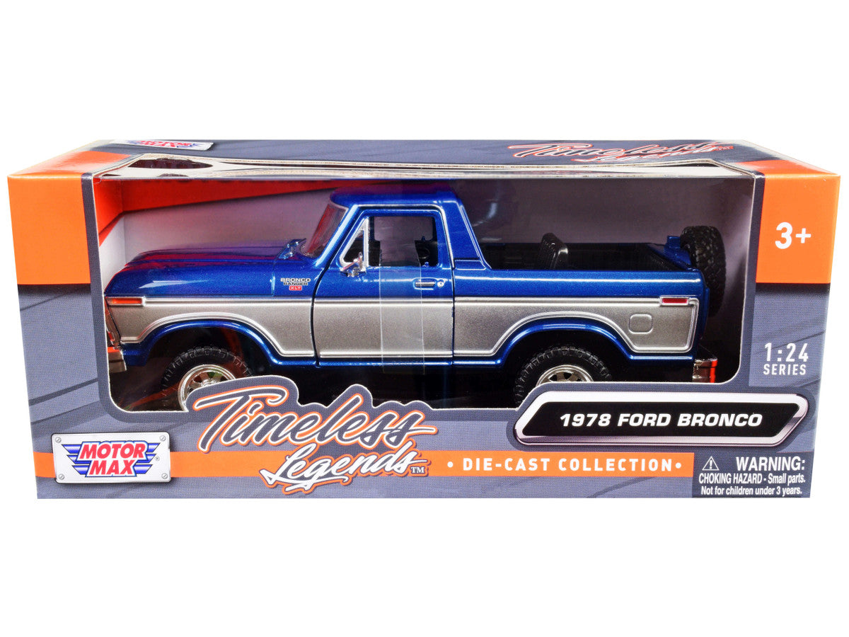 1978 Ford Bronco Ranger XLT (Open Top) with Spare Tire Blue Metallic and Silver "Timeless Legends" Series 1/24 Diecast Model Car by Motormax Motormax