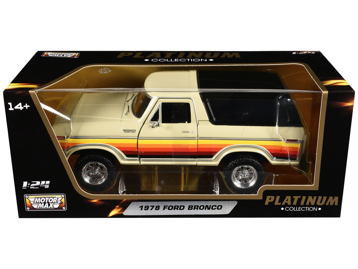 1978 Ford Bronco Custom Cream with Stripes and Black Top "Platinum Collection" Series 1/24 Diecast Model Car by Motormax-2