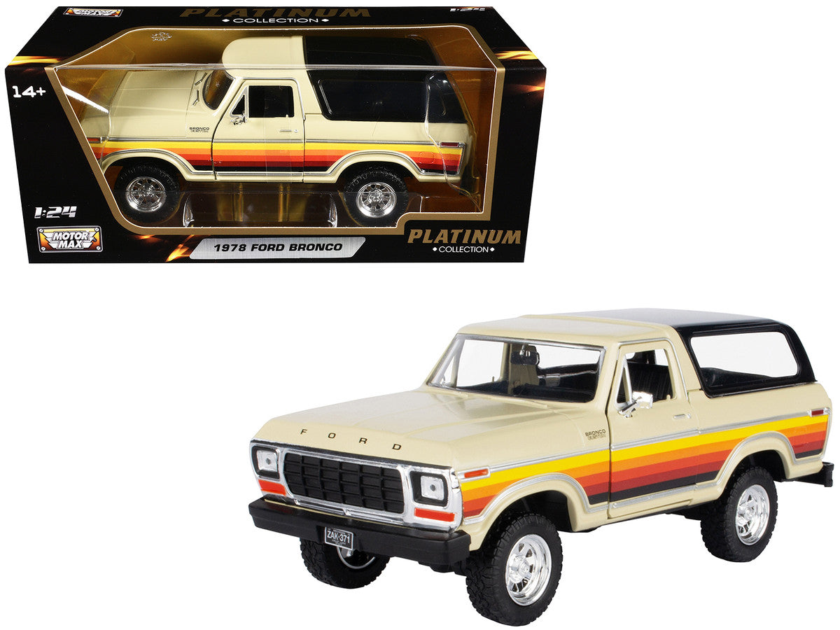 1978 Ford Bronco Custom Cream with Stripes and Black Top "Platinum Collection" Series 1/24 Diecast Model Car by Motormax-0