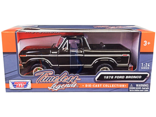 1978 Ford Bronco Custom (Open Top) Black "Timeless Legends" Series 1/24 Diecast Model Car by Motormax Motormax