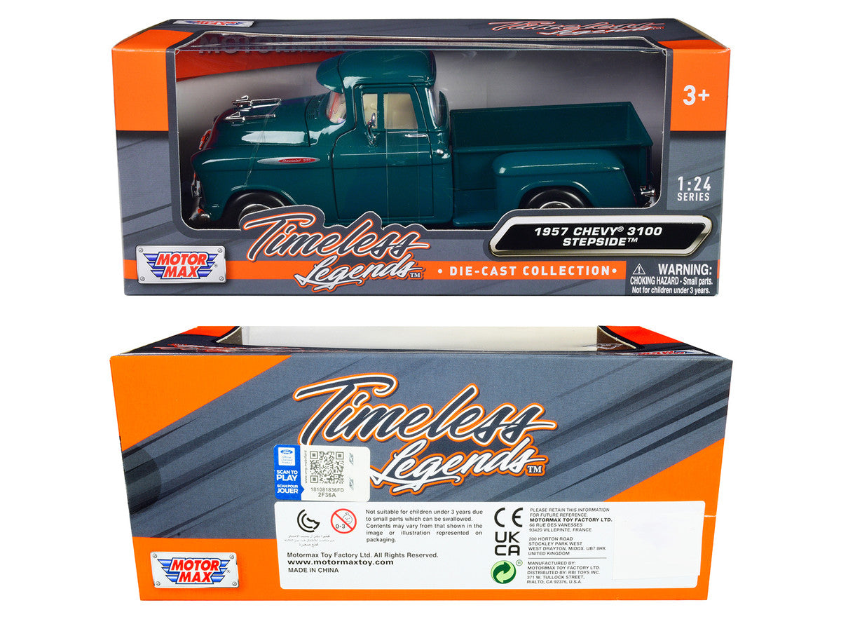 1957 Chevrolet 3100 Stepside Pickup Truck Teal Metallic "Timeless Legends" Series 1/24 Diecast Model Car by Motormax Motormax