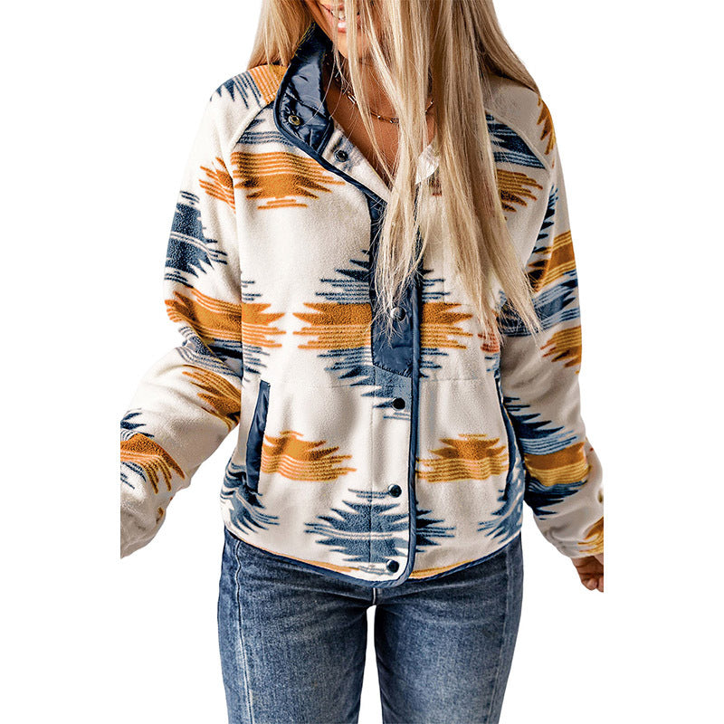 Winter Women's Printed Cardigan Jacket Fashion Color Contrast Fleece Coat Accent Plus
