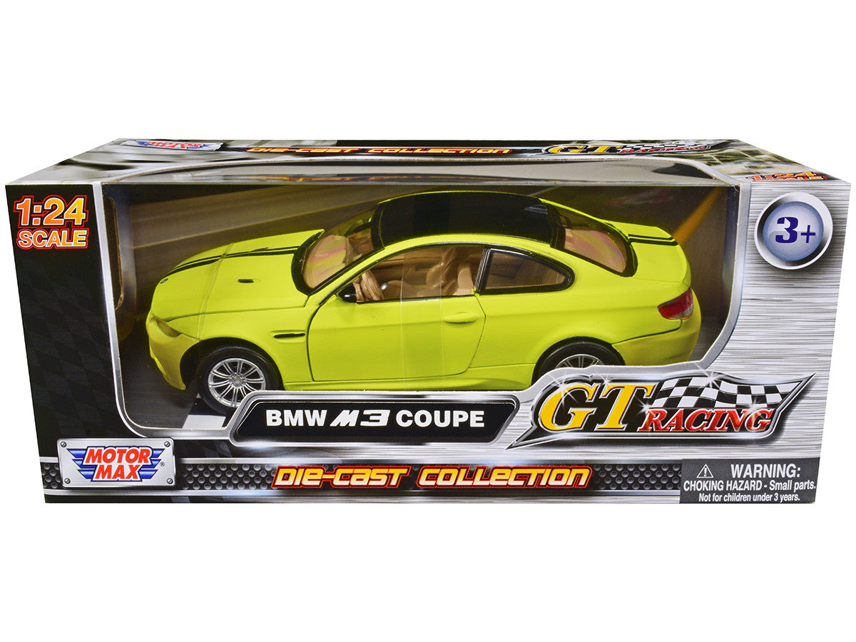 BMW M3 Coupe Neon Yellow with Matt Black Top and Stripes "GT Racing" Series 1/24 Diecast Model Car by Motormax Motormax