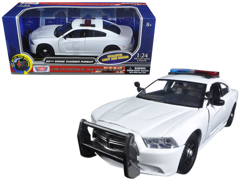 2011 Dodge Charger Pursuit Police Car White with Flashing Light Bar, Front and Rear Lights and 2 Sounds 1/24 Diecast Model Car  by Motormax Motormax