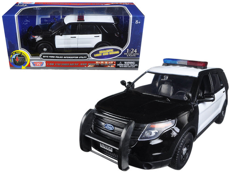 2015 Ford Police Interceptor Utility Black and White with Flashing Light Bar and Front and Rear Lights and 2 Sounds 1/24 Diecast Model Car by Motormax Motormax