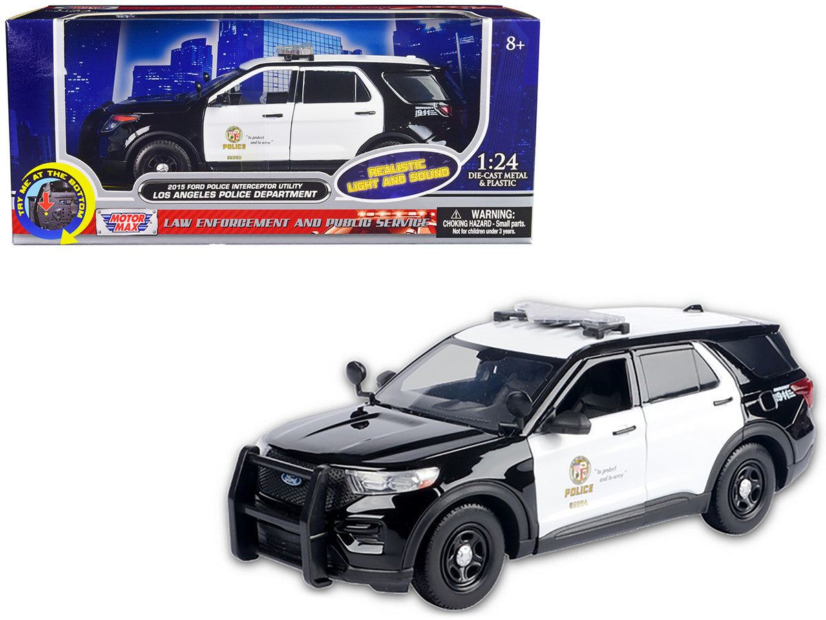 2015 Ford Police Interceptor Utility Black and White "Los Angeles Police Department (LAPD)" with Flashing Light Bar and Front and Rear Lights and Sounds 1/24 Diecast Model Car by Motormax Motormax