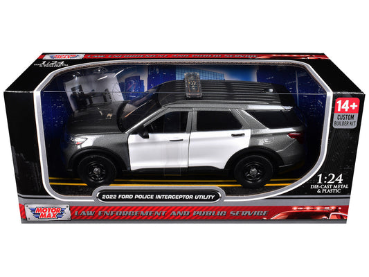 2022 Ford Police Interceptor Utility Gray Metallic with White Doors "Builder's Kit" with Flashing Light Bar and Front and Rear Lights and Sounds 1/24 Diecast Model Car by Motormax Motormax